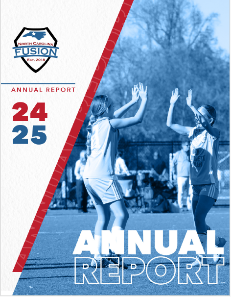 Blue-tinted annual report cover showing two players high-fiving on a sports field, with “24 25” and “ANNUAL REPORT” text.