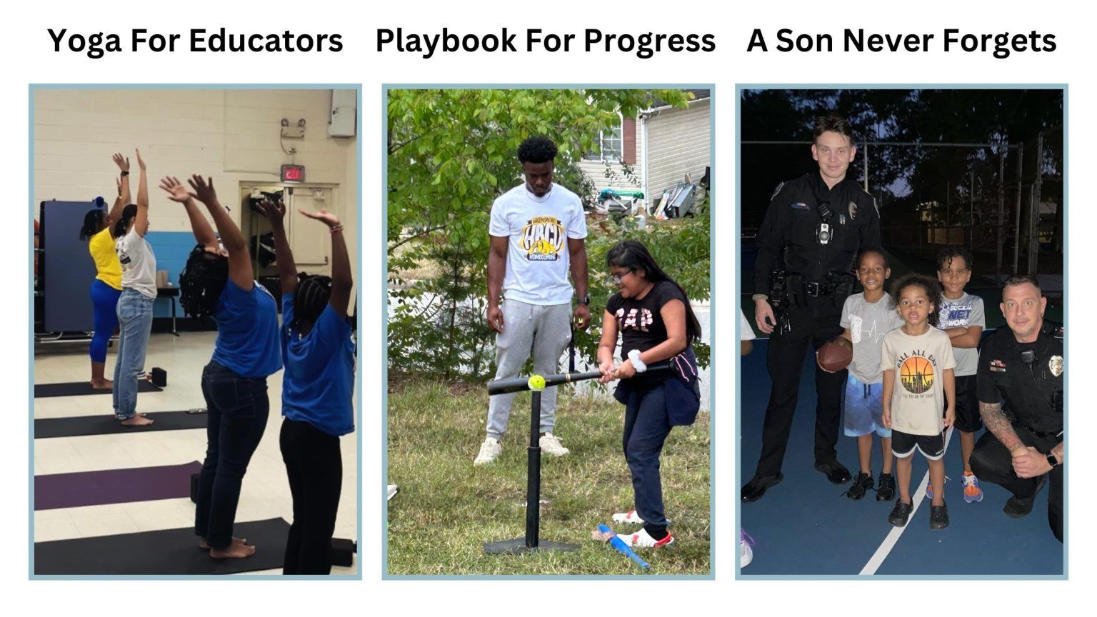Three photos: yoga class, man coaching a child on grass, and a family walking at night on a track.
