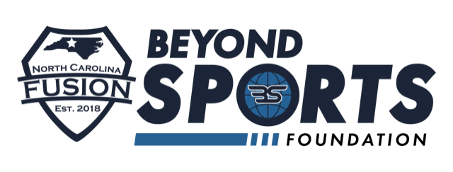 Beyond Sports Foundation logo in black, blue, and white with a soccer ball icon and North Carolina Fusion crest