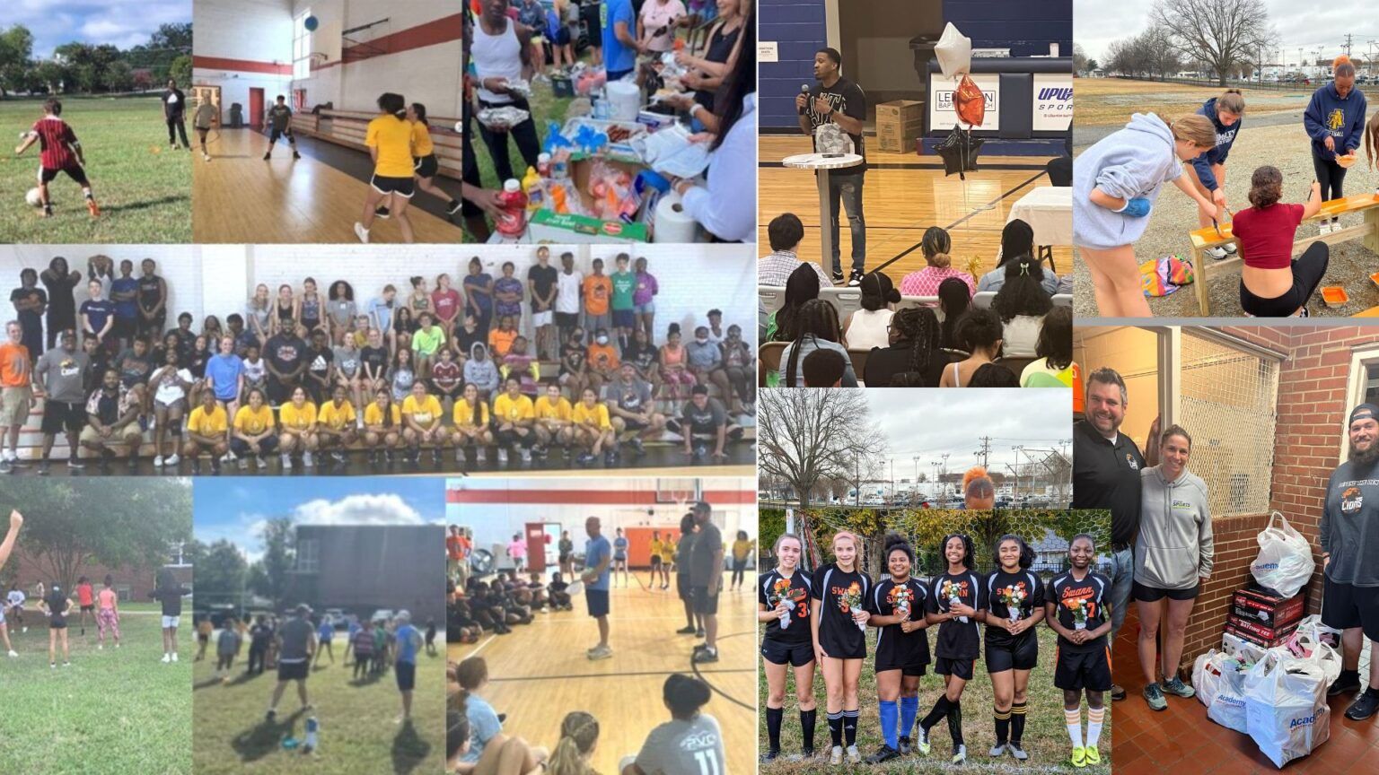 Collage of outdoor and indoor youth sports team photos, group shots, games, and awards ceremony