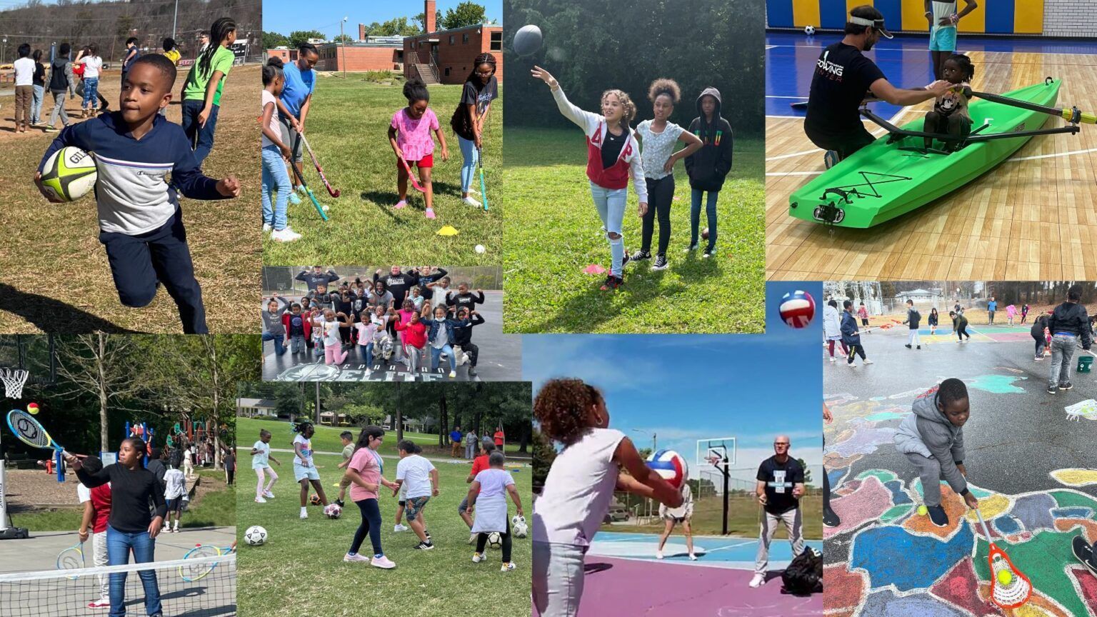 Children playing outdoors at a park, with running, group activities, and a kayak scene in a photo collage
