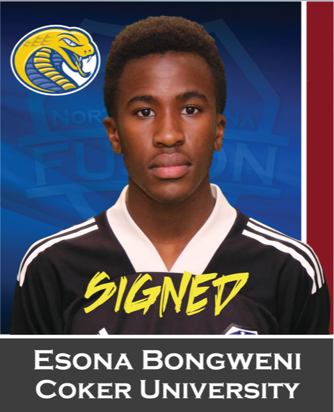 Esona Bongweni, Coast University signed announcement with portrait on blue background