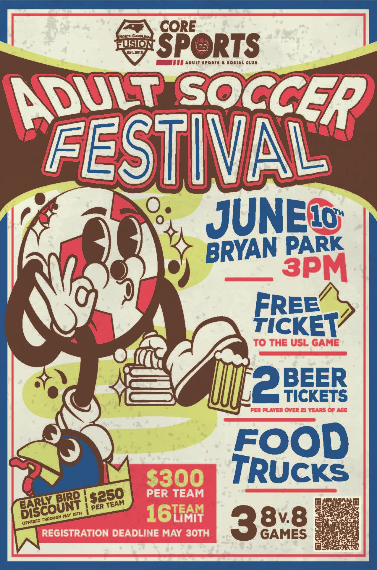 Adult Soccer Festival poster with cartoon players, June 30 at Van Park, free ticket, food trucks, beer tickets