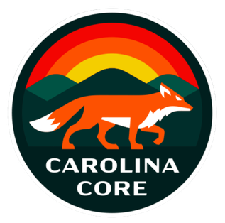Carolina Core logo with orange fox before red, yellow, and green rainbow over dark mountains