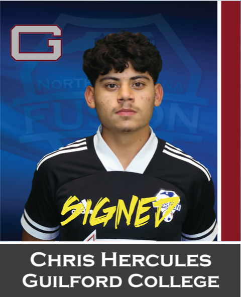 Chris Hercules in black soccer jersey with yellow “SIGNED” text, Northwood FC backdrop and Guilford College name.