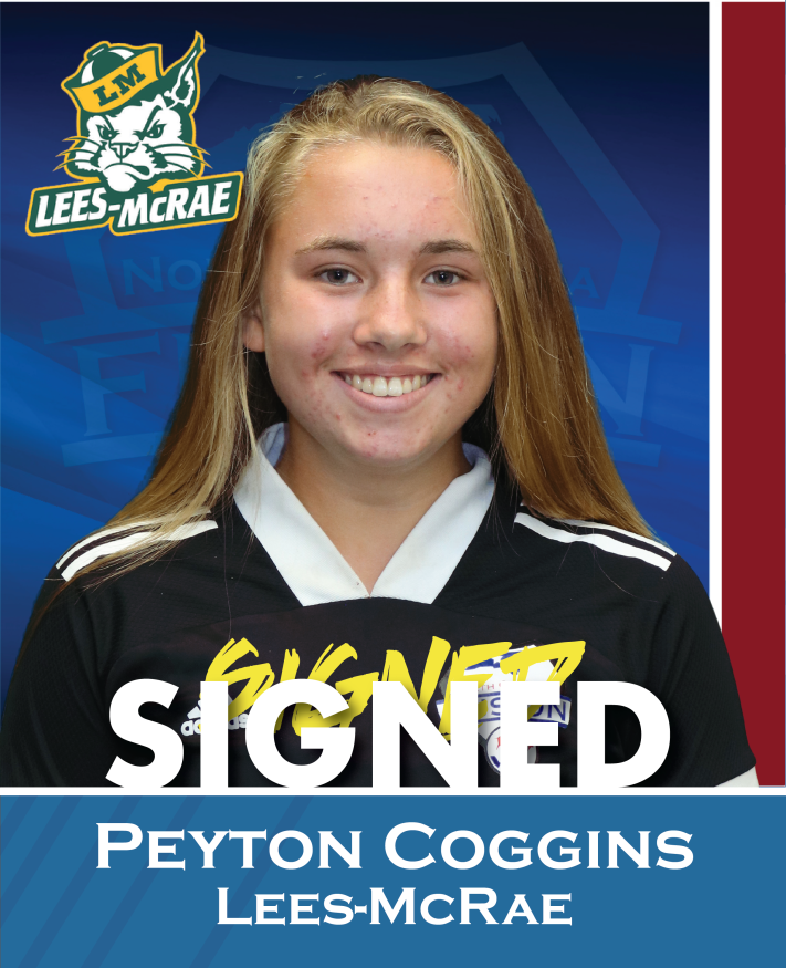 Peyton Coggins signed for Lees-McRae, smiling in a black jersey on a blue poster background.