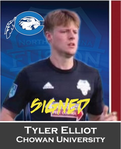 Tyler Elliot in black soccer jersey with “SIGNED” text and Chowan University logo