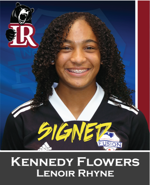 Kennedy Flowers portrait in black jersey, smiling with “Signed” text and Lenior Rhyne logo background