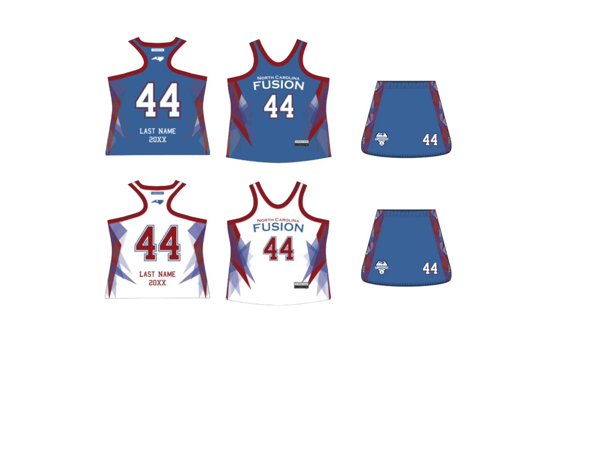 Blue and white basketball jersey mockups, front and back views, with number 44 and red trim