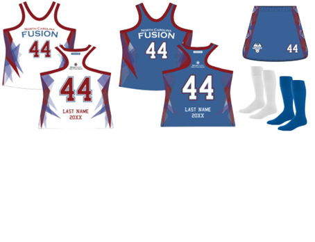 Basketball uniform set with white, blue, and red jersey, shorts, and socks, numbered 44 with “Fusion” on front