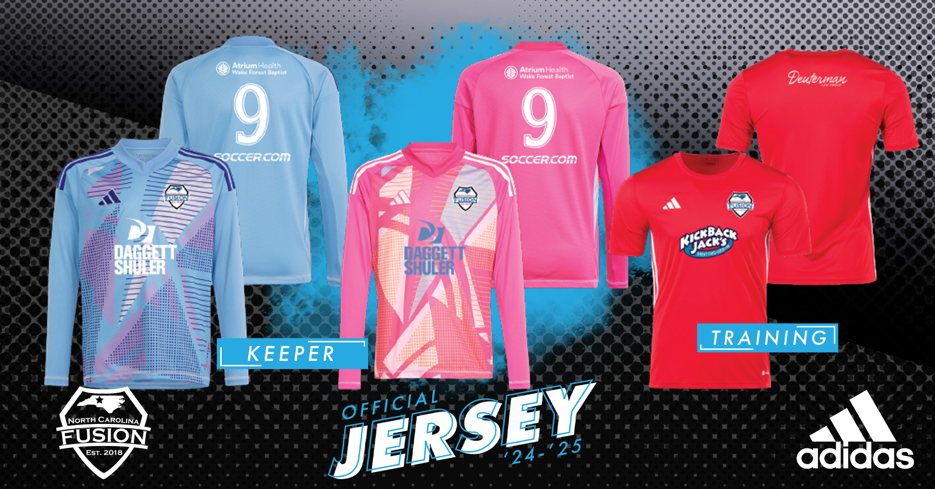 Assorted colorful soccer jerseys displayed on a textured background with Adidas branding
