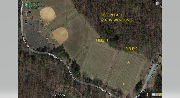 Aerial view of a wooded farm with labeled fields, a baseball diamond, and a curved road.