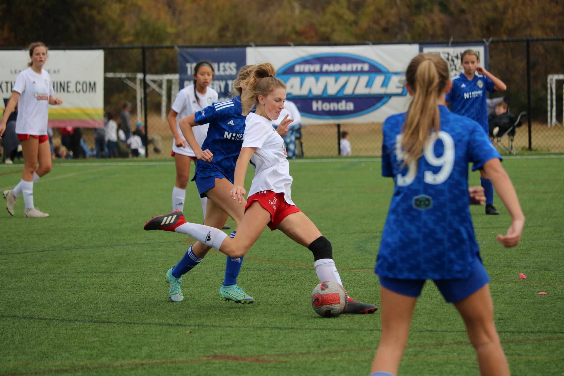 Soccer players compete for the ball on a field, with blue and white jerseys near the goal.