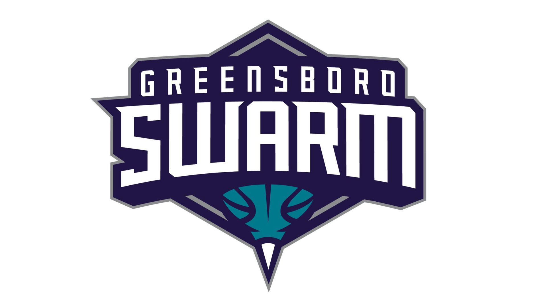 Greensboro Swarm logo in purple, white, and teal with stylized hornet emblem
