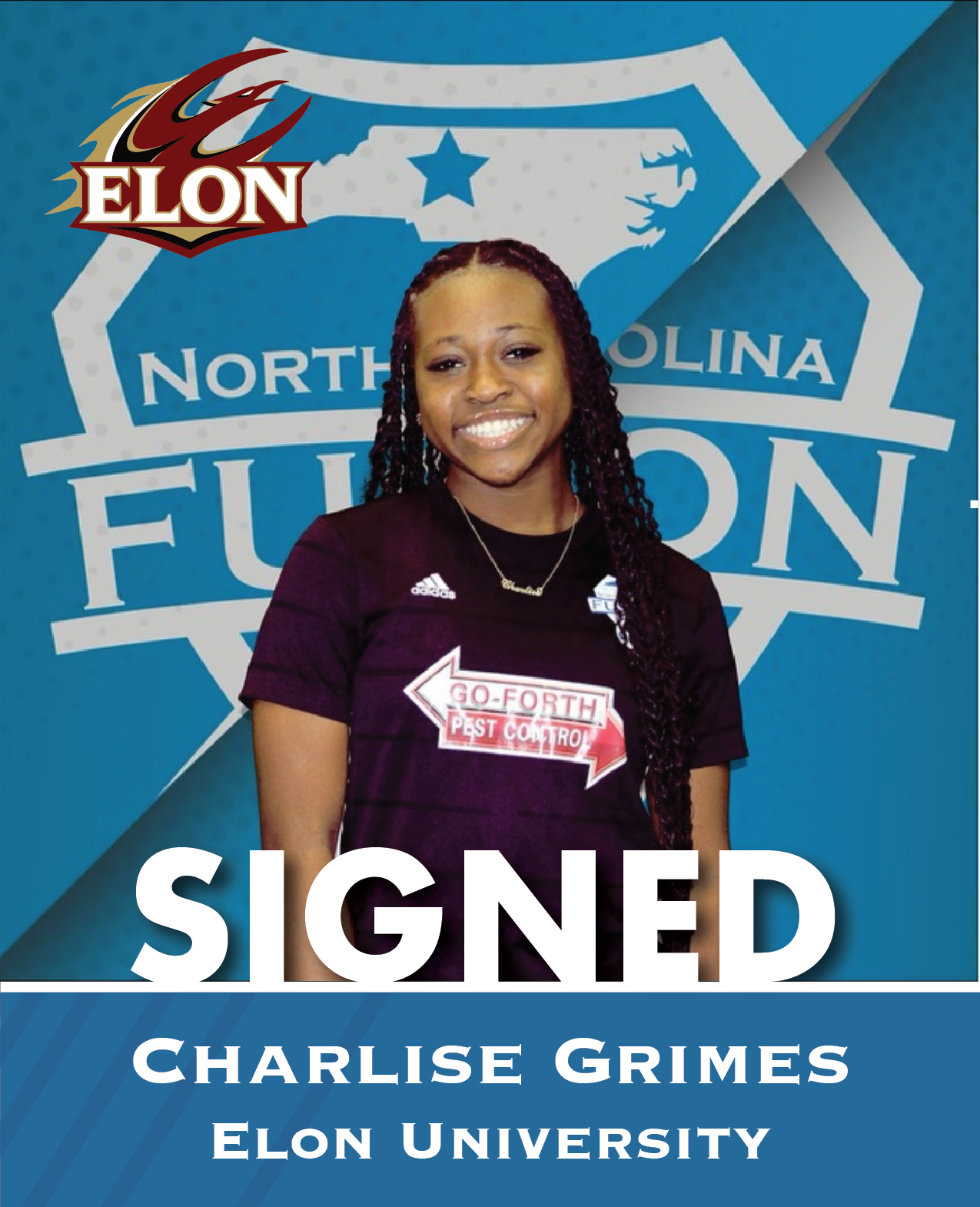 Charlise Grimes stands smiling before Elon North Carolina Falcons sign; text reads “SIGNED” and “ELON UNIVERSITY.”