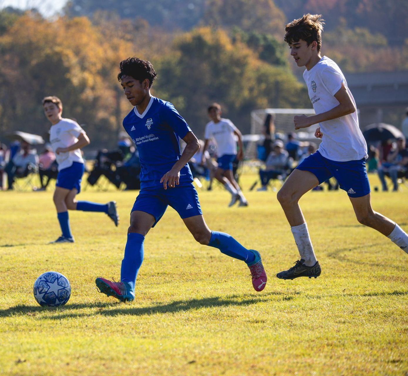 Soccer players in blue and white sprint toward the ball on a sunny field