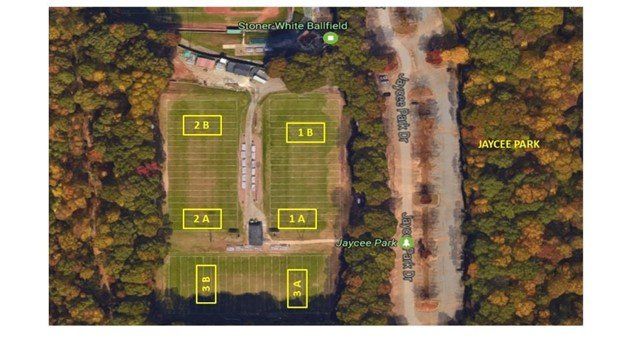 Aerial view of a parking lot with yellow outlined spaces on the left and a tree-lined dirt road on the right.