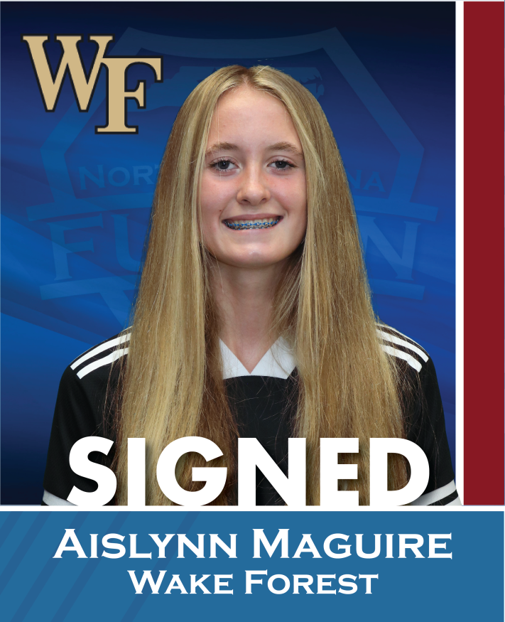 Wake Forest signing graphic with Aislynn Maguire in black uniform, smiling, with “SIGNED” text.