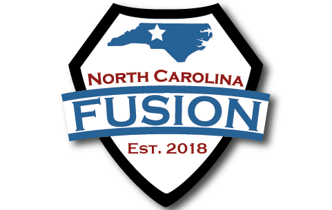North Carolina Fusion soccer shield logo with blue and red text, Est. 2018