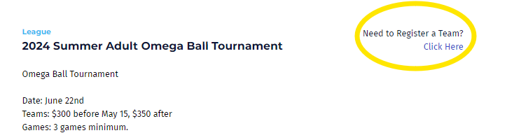 2024 Summer Adult Omega Ball Tournament page with date, time, and location details highlighted in yellow