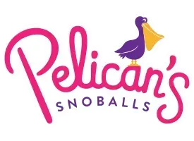 Pelican’s Snoballs logo with pink script text and a purple pelican holding a yellow beak