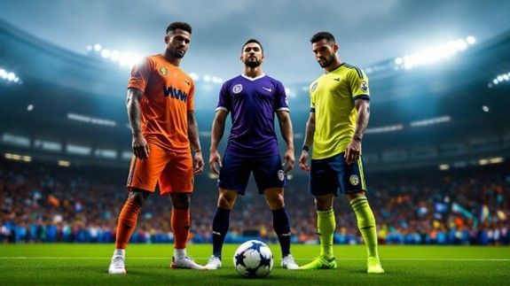 Three soccer players stand on a lit field, with orange, purple, and yellow uniforms and a ball at center.