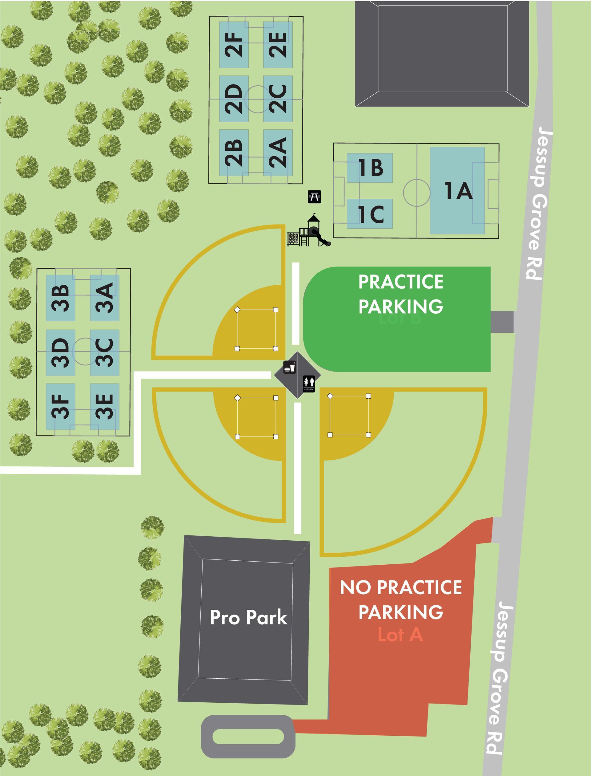 Map of park parking lots and paths, labeled “Practice Park N/S” and “No Practice Parking,” with colored lots.