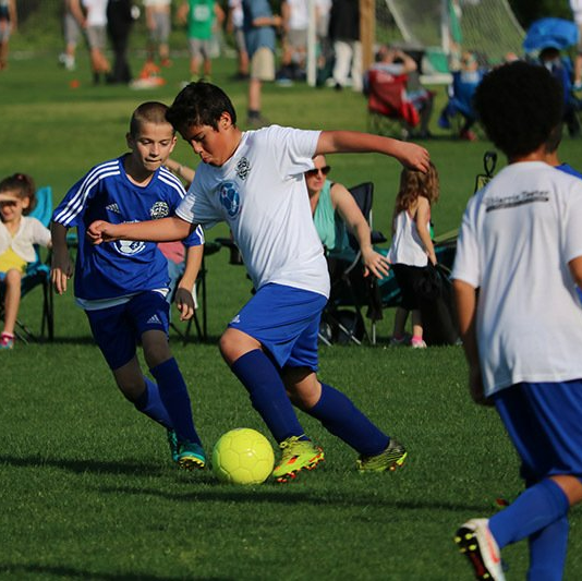 Two soccer players in blue and white jerseys battle for the ball on a grassy field.
