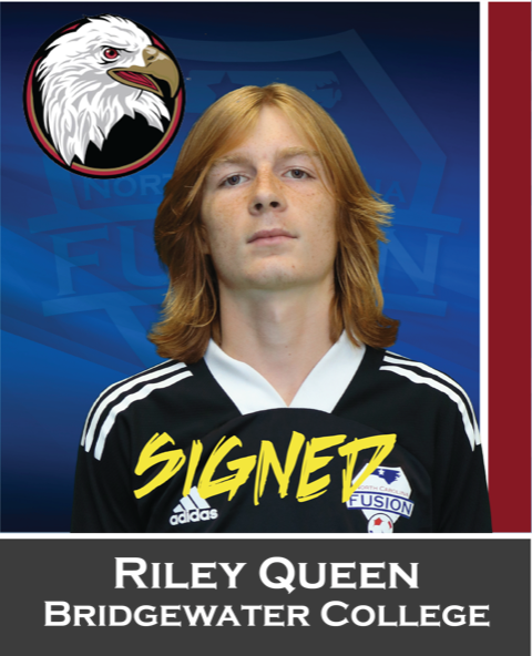 Riley Queen in Bridgeton College soccer jersey with “SIGNED” text and school logo on blue background