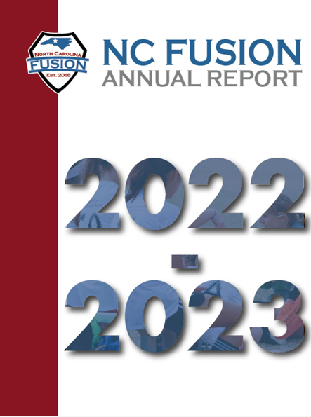 NC Fusion annual report cover, 2022–2023, with blue text and logo on white and maroon background