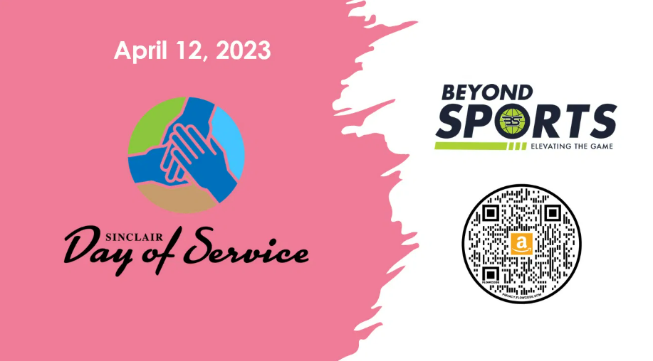 April 12, 2023 Day of Service graphic with hand logo, Beyond Sports logo, and QR code on pink and white background