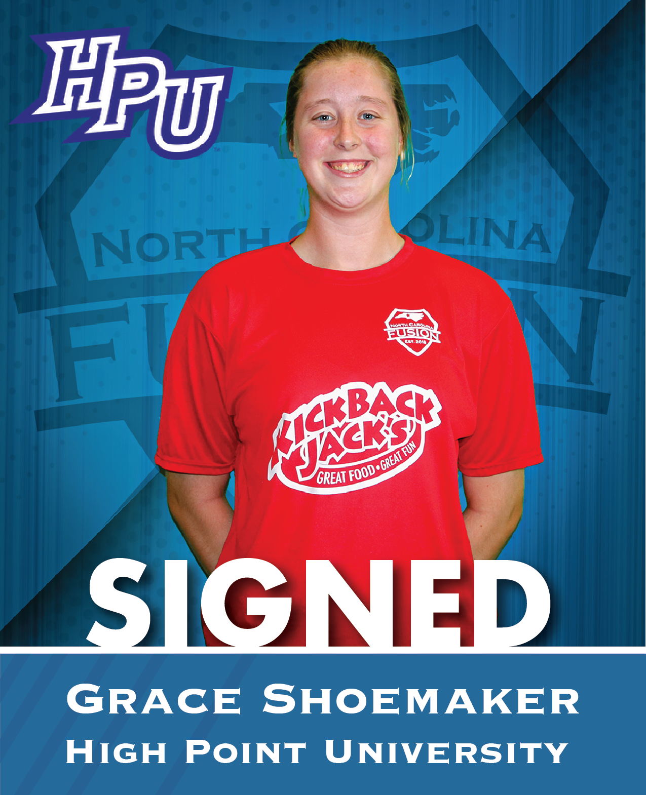 Grace Shoemaker in red shirt, signed for High Point University, with HPU logo backdrop.