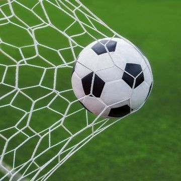 Soccer ball caught in a white goal net on a green field