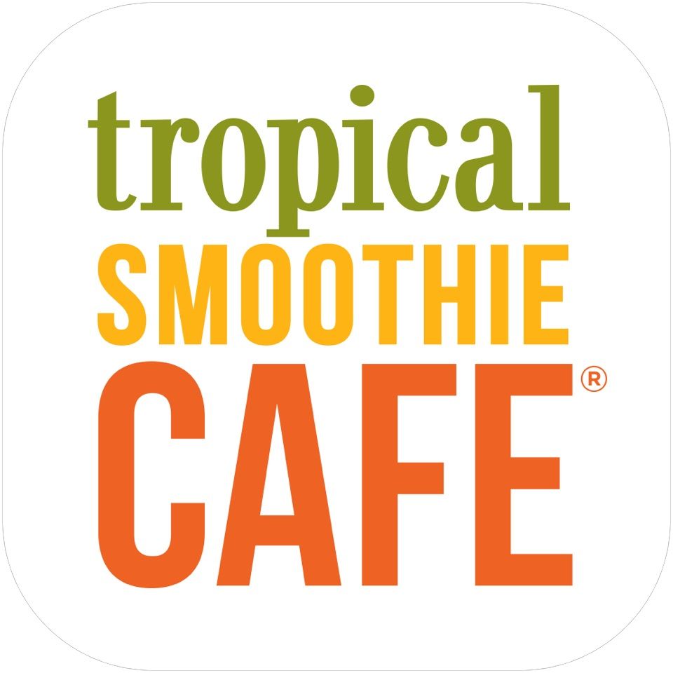 Tropical Smoothie Cafe logo in green, orange, and yellow text on a white rounded-square background
