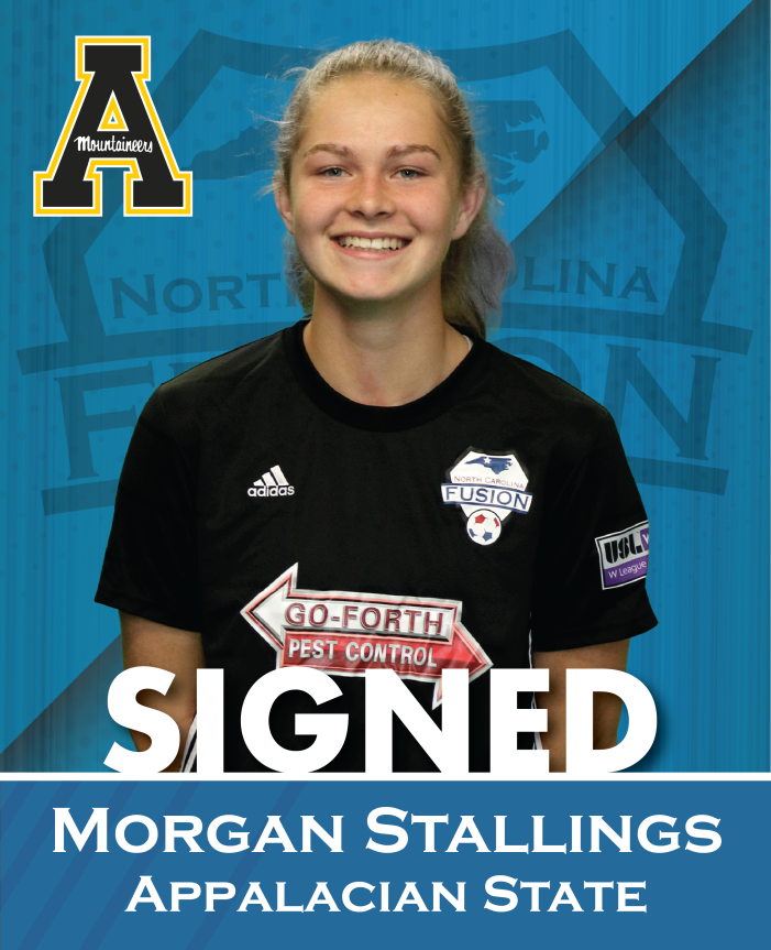 Signed commitment graphic for Morgan Stallings, Appalachian State, with smiling athlete in black jersey on blue background