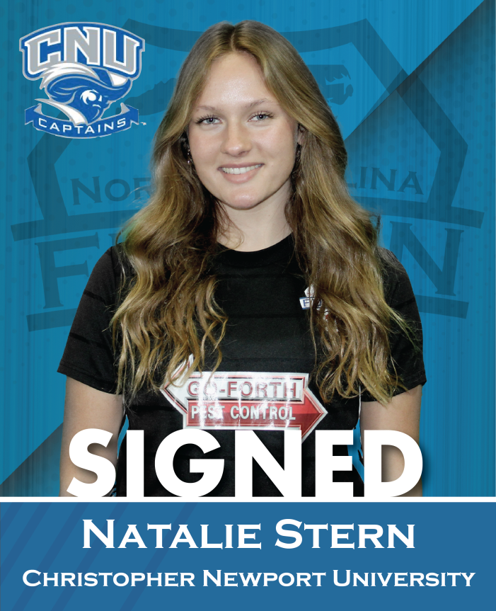 Natalie Stern posing in a black shirt with “SIGNED” and Christopher Newport University banner background