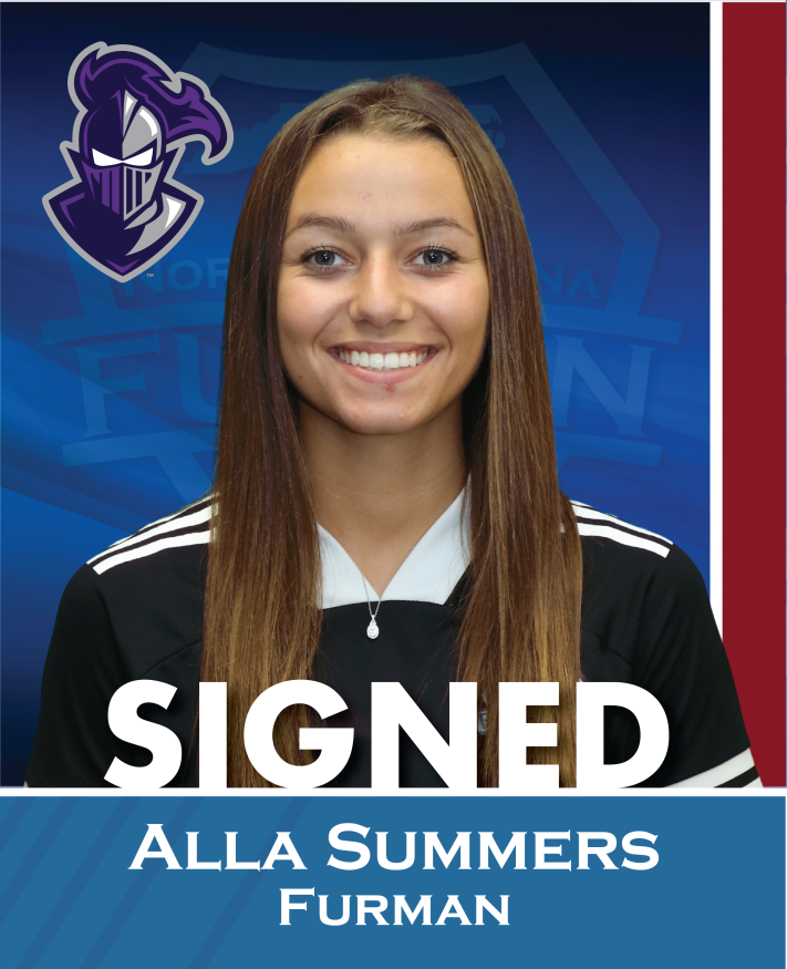 Alla Summers signed to Furman, smiling in a black jersey on a blue background.