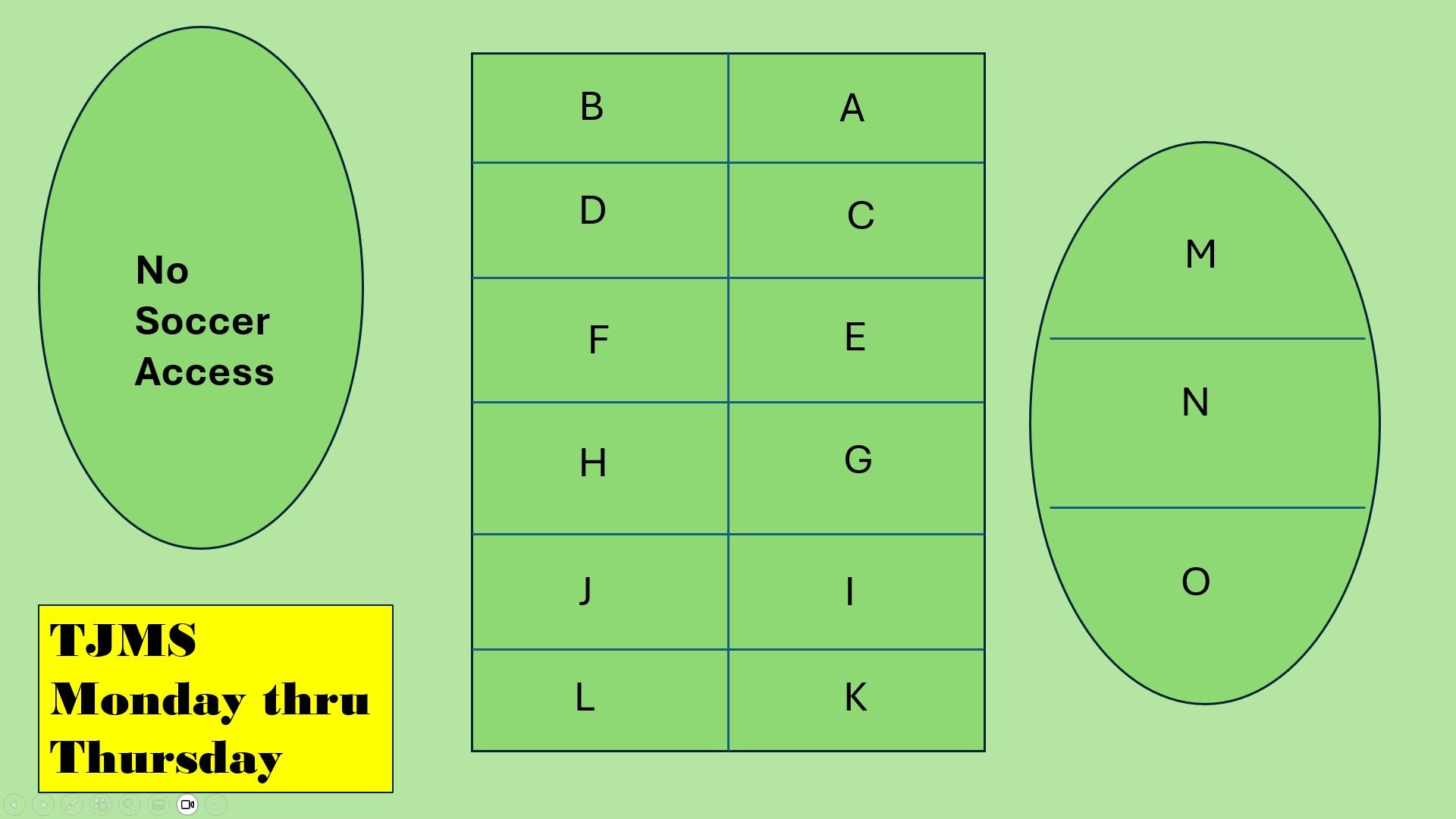 Green seating chart with labeled names and notes: “No Scooter Access” and “TSSM Monday thru Thursday”