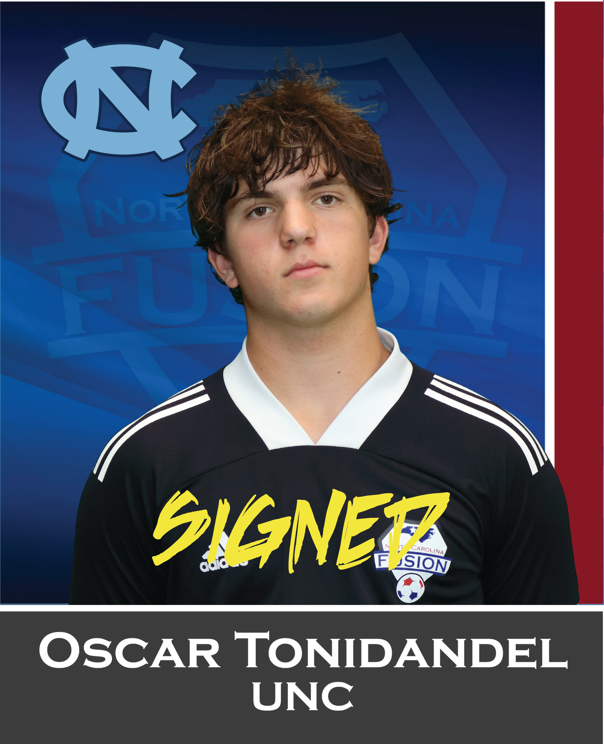 UNC football recruit graphic of Oscar Tonidandel in a black jersey with “SIGNED” text on blue background