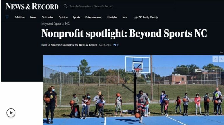News Record webpage headline “Nonprofit spotlight: Beyond Sports NC” above youth playing basketball outdoors