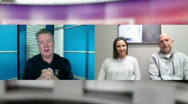 Three people on a video call: one man speaking on the left, two people seated on the right.