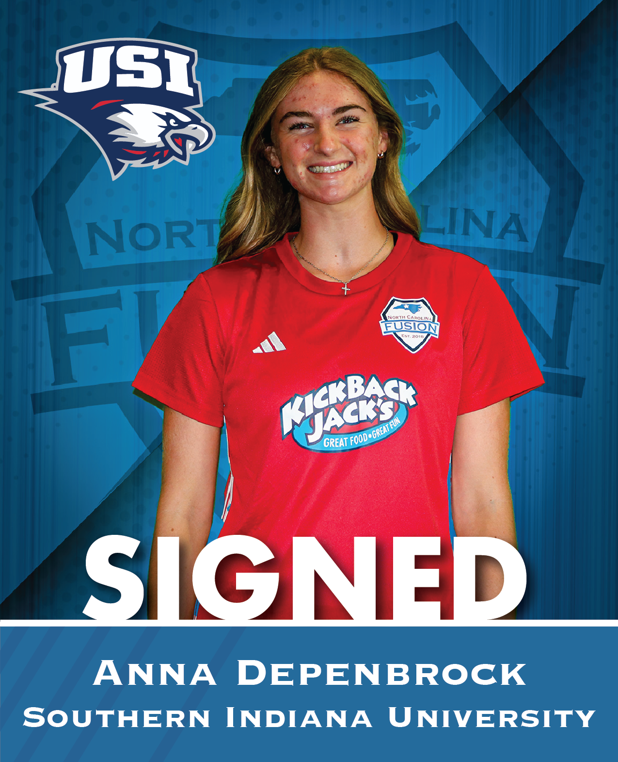 Anna Depenbrock in red jersey, signed to Southern Indiana University, smiling on blue background