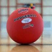 Red dodgeball with “DODGEBALL” text, resting on a gym floor with a blurred net background.