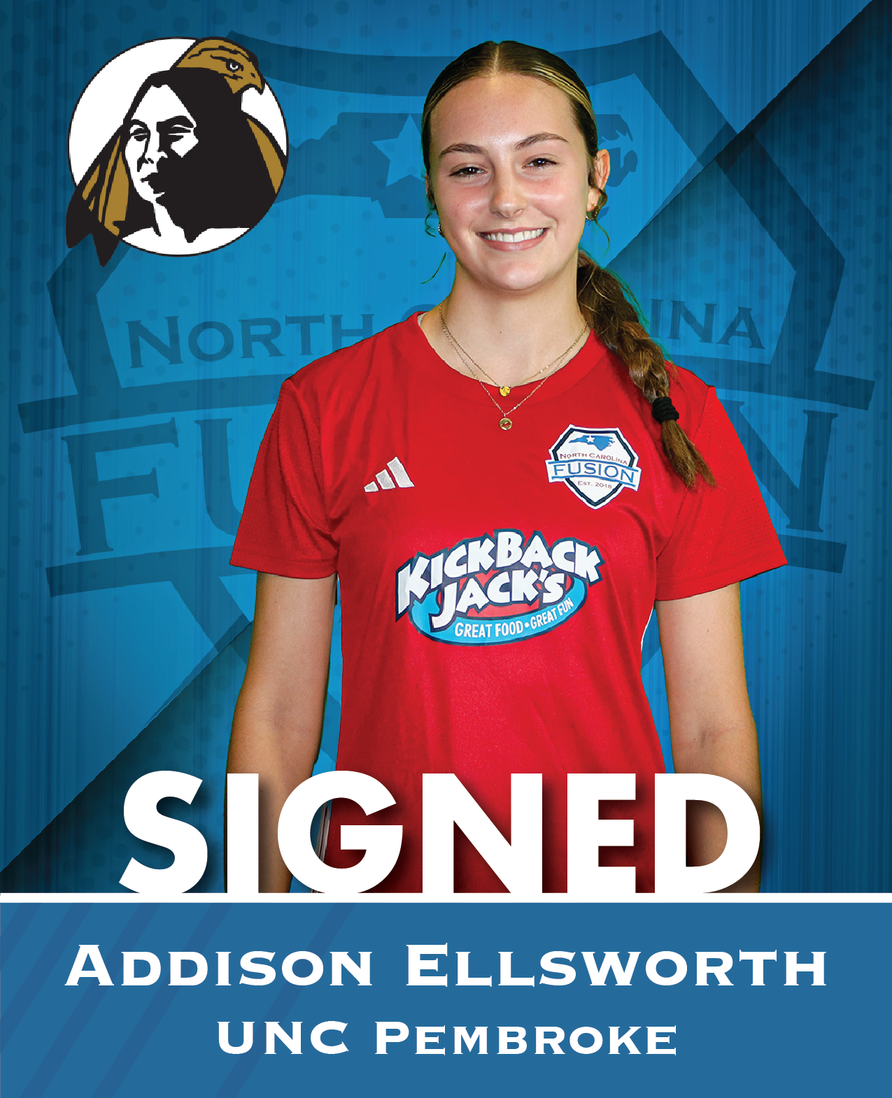 North Carolina FC signing graphic for Addison Ellsworth, in red jersey, smiling with team logo and “SIGNED” text