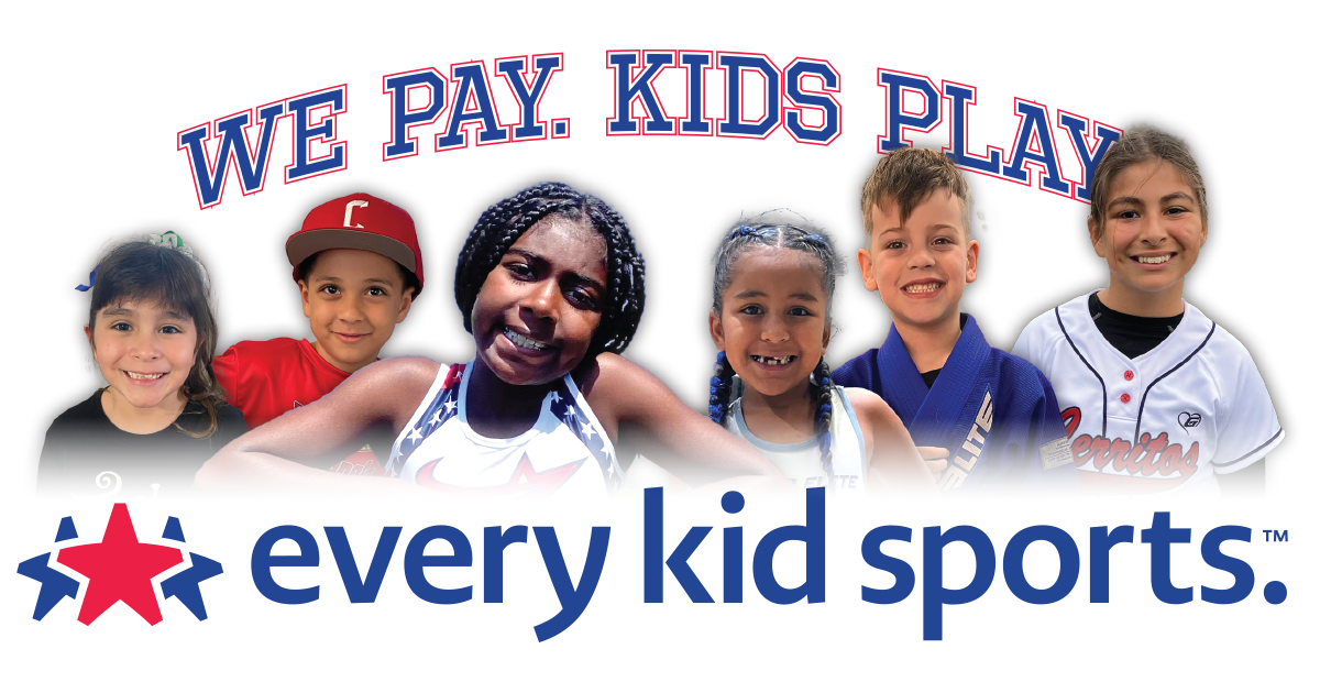 Every Kid Sports logo with slogan “WE PAY. KIDS PLAY.” and smiling children on a white background
