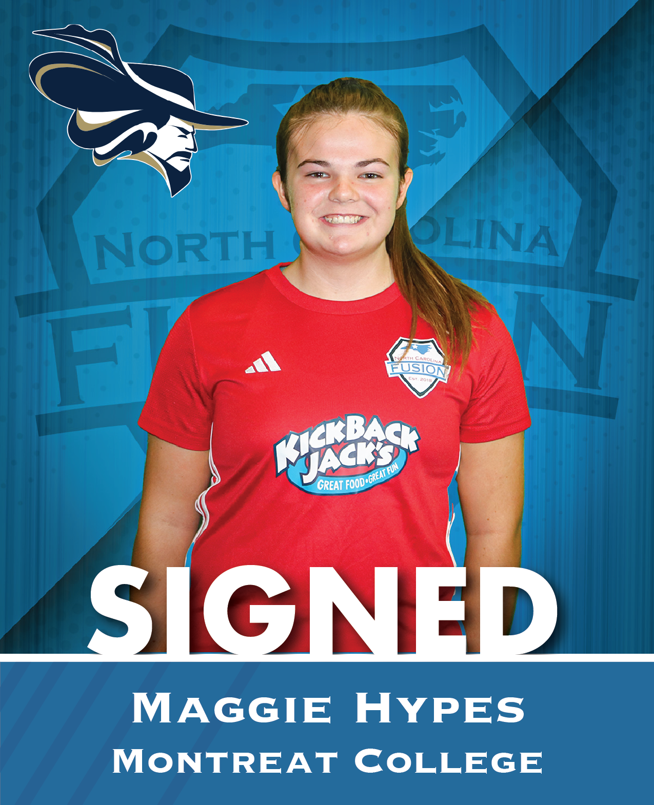 Maggie Hypes signed to Montreat College, shown in a red North Carolina FC jersey.