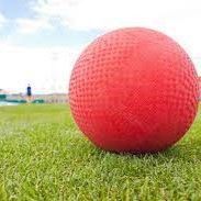 Red textured ball resting on green grass in an outdoor field.