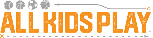 ALL KIDS PLAY logo in orange with gray sports balls above it