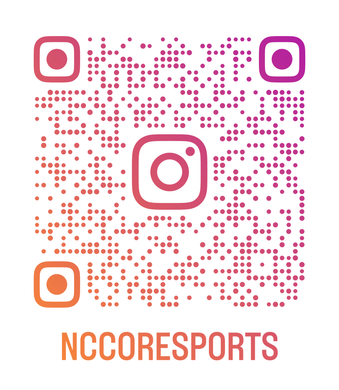 Pink-orange QR code with Instagram logos and the text “NCCORESPORTS” underneath