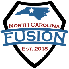 North Carolina Fusion shield logo with blue state silhouette and red text, Est. 2018